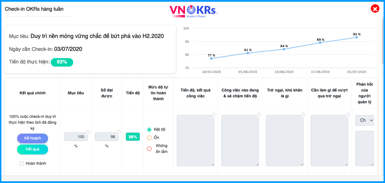 Tính năng check-in trong phần mềm VNOKRs