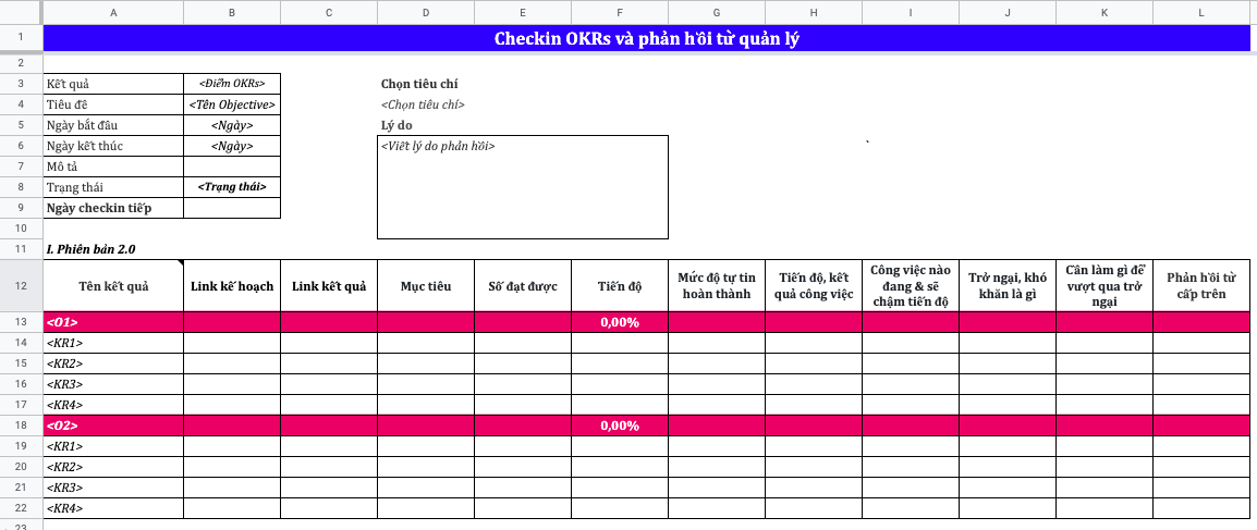 Mẫu Excel Check-in OKRs